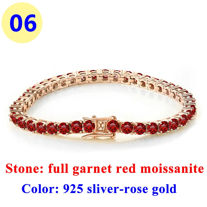 3MM Pink Full Moissanite Tennis HipHop Blue Green Yellow Purple Bracelet S925 Sliver Plated White Gold Bracelet for Women Men