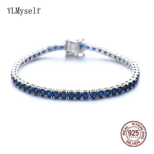Real 925 Jewelry For Women/Men Pave 3 mm Montana Blue Sapphire Cubic zircon Hip Hop Rock Pure Silver 15-21 cm Tennis Bracelet