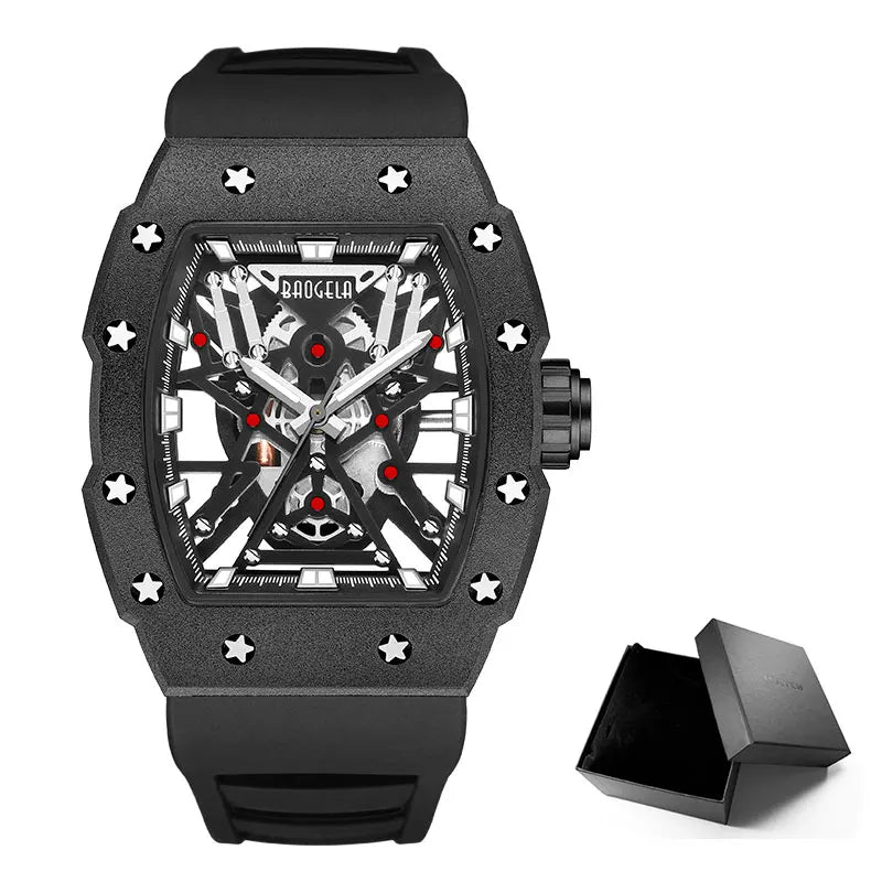 BAOGELA Black Stainless Steel Watch Men Military Sport Analog Quartz Wristwatch with Silicone Strap Luminous Hands Relogio 4147