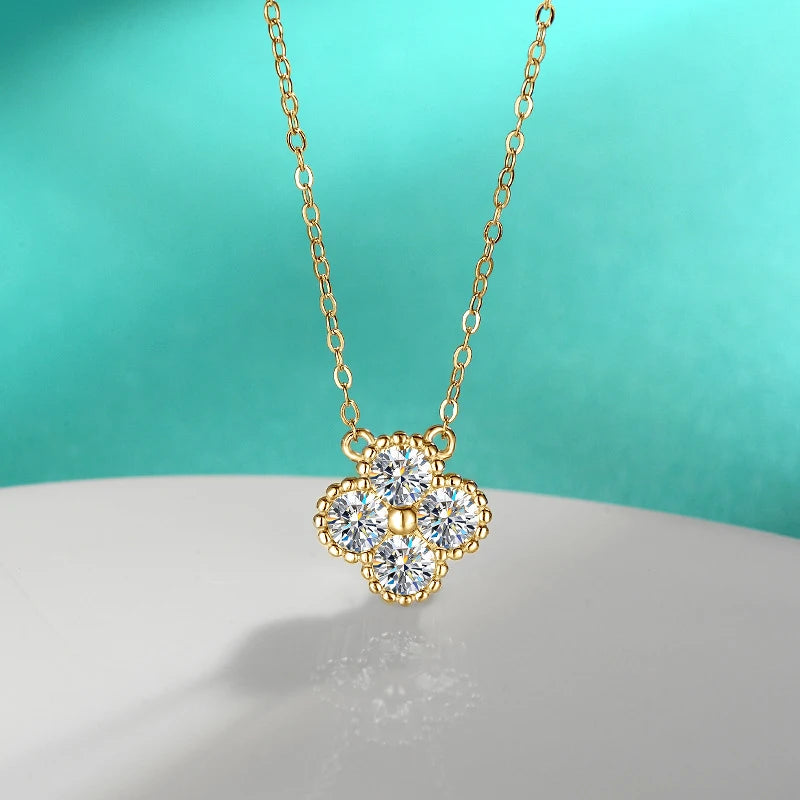 18k Gold Plated 925 Silver 3mm Moissanite Necklace Earrings Bracelet Sets 3 In 1 Clover Flower Charm Jewelry Set for Women Gift