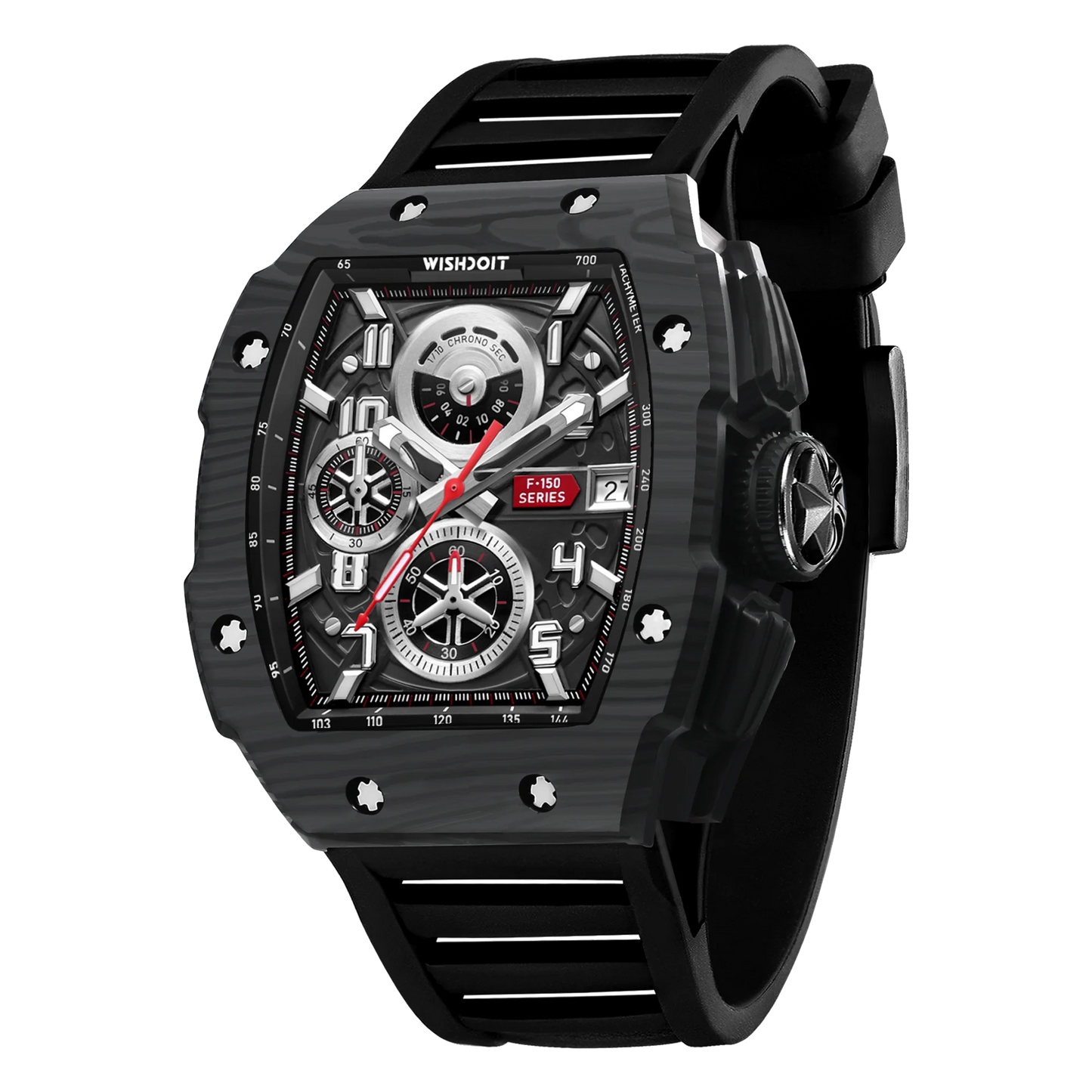 WISHDOIT NH35 Men's Chronograph Luxury Tonneau Design Features with Calendar Date Glowing 50m Depth Waterproof FKM Rubber Strap