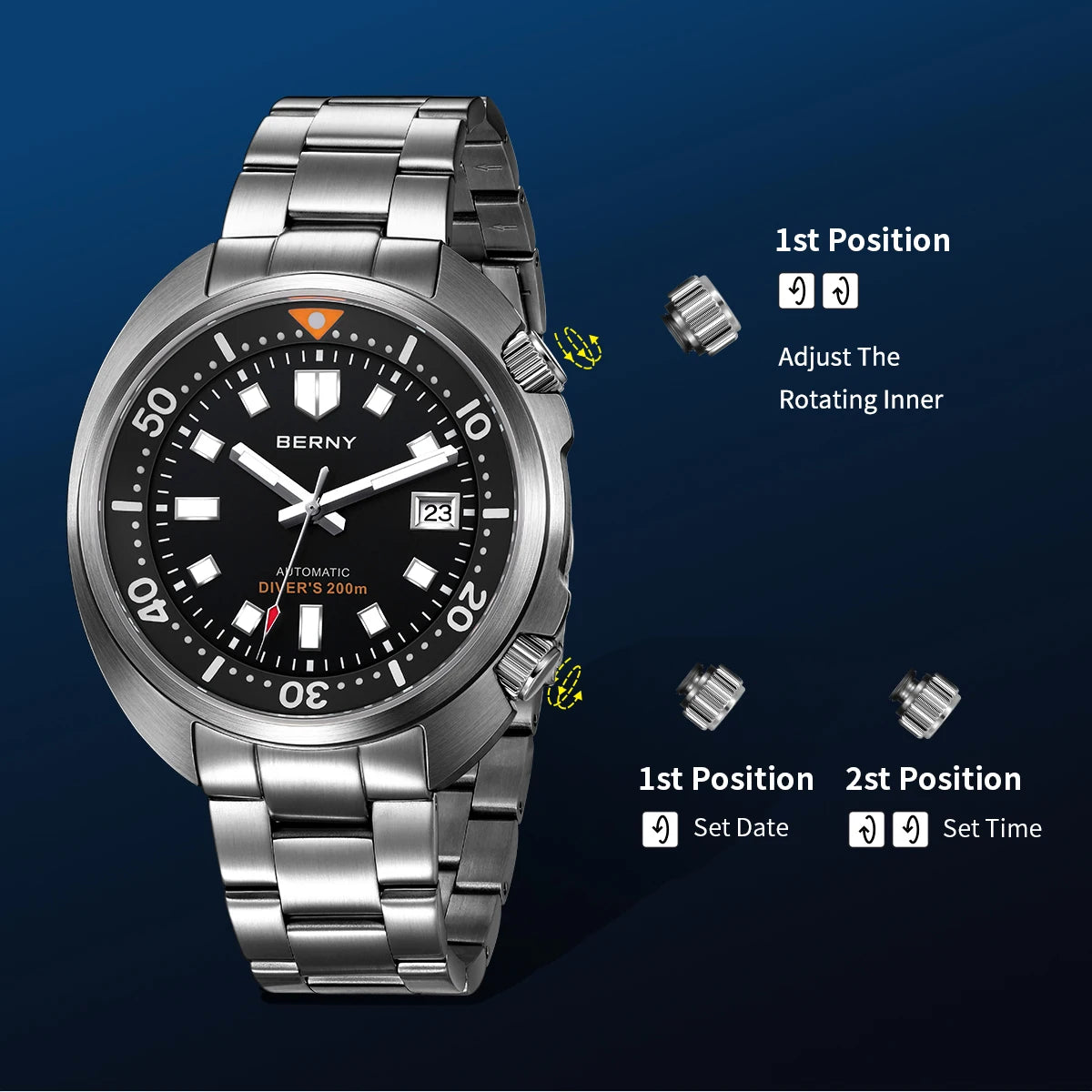 BERNY Automatic Compressor Diver Watch for Men Super Luminous Miyota 8215 Sapphire Swim Sport 20ATM Mechanical Men's Dive Watch