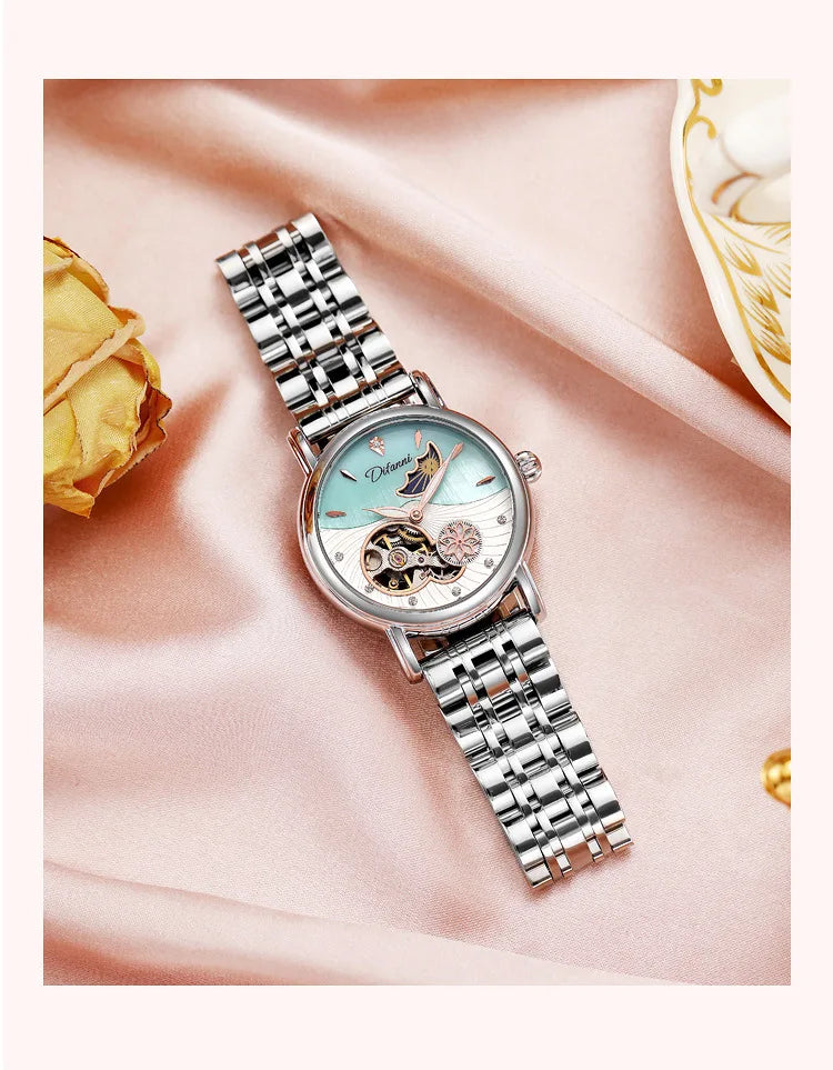 Fashion Brand Women Automatic Mechanical Watches Diamond Wristwatch Ladies Moon Plate Business Dress Waterproof Luminous Clock