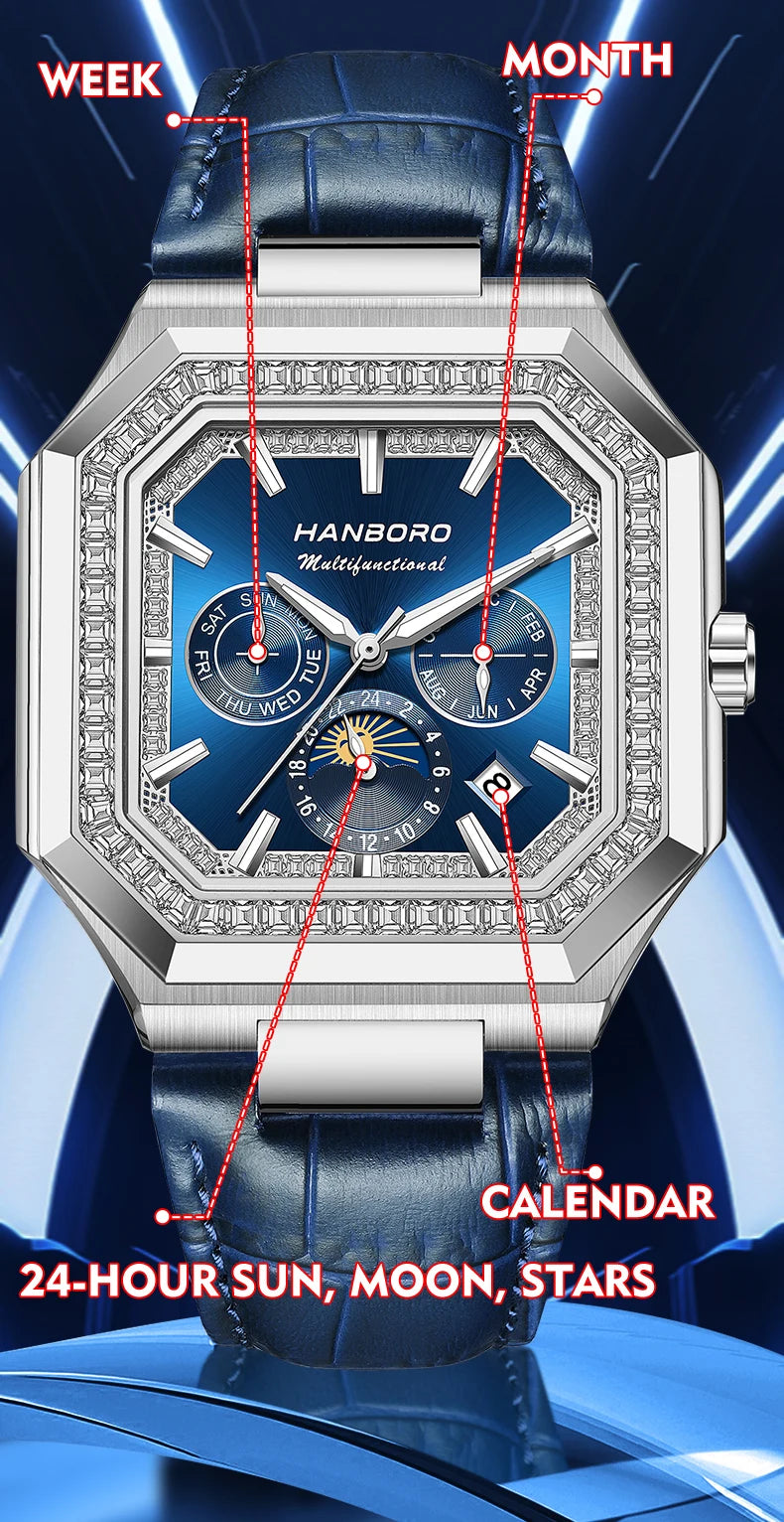 HANBORO Square Men's Fully Automatic Mechanical Watch Multi functional Fashion Trend Watch