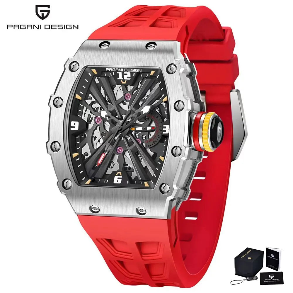 2024 New PAGANI DESIGN Men's Quartz Watches VH65 Movt Skeleton Dial 100M Waterproof Sport Rectangle Sapphire Glass Watch for Men