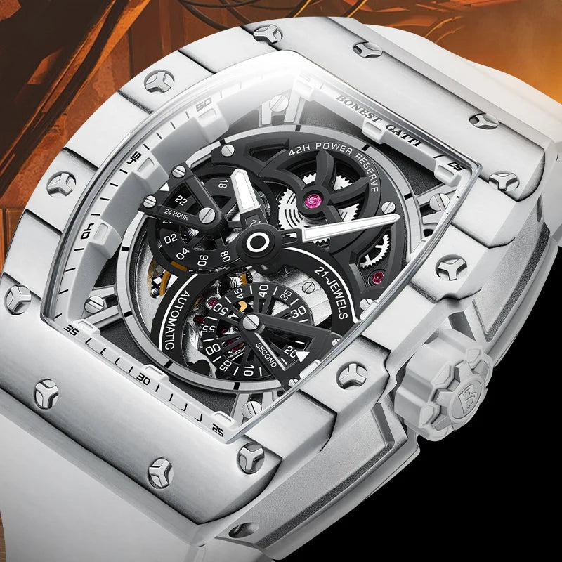 BONEST GATTI Men Automatic Movement Mechanical Watch Carbon Fiber Bezel Tonneau Luminous Case Fluororubber Strap Watches For Men