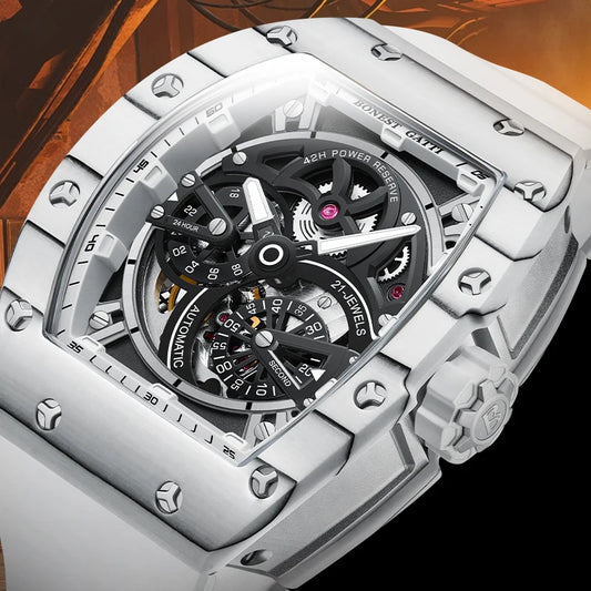 BONEST GATTI Men Automatic Movement Mechanical Watch Carbon Fiber Bezel Tonneau Luminous Case Fluororubber Strap Watches For Men