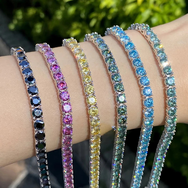 3MM Pink Full Moissanite Tennis HipHop Blue Green Yellow Purple Bracelet S925 Sliver Plated White Gold Bracelet for Women Men