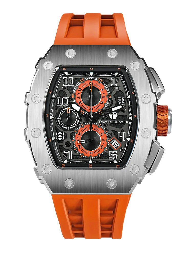 TSAR BOMBA Tonneau Mens Watches Sapphire Crystal Red Wristwatch Waterproof Chronograph Date Clock Luxury Christmas Gift for Men