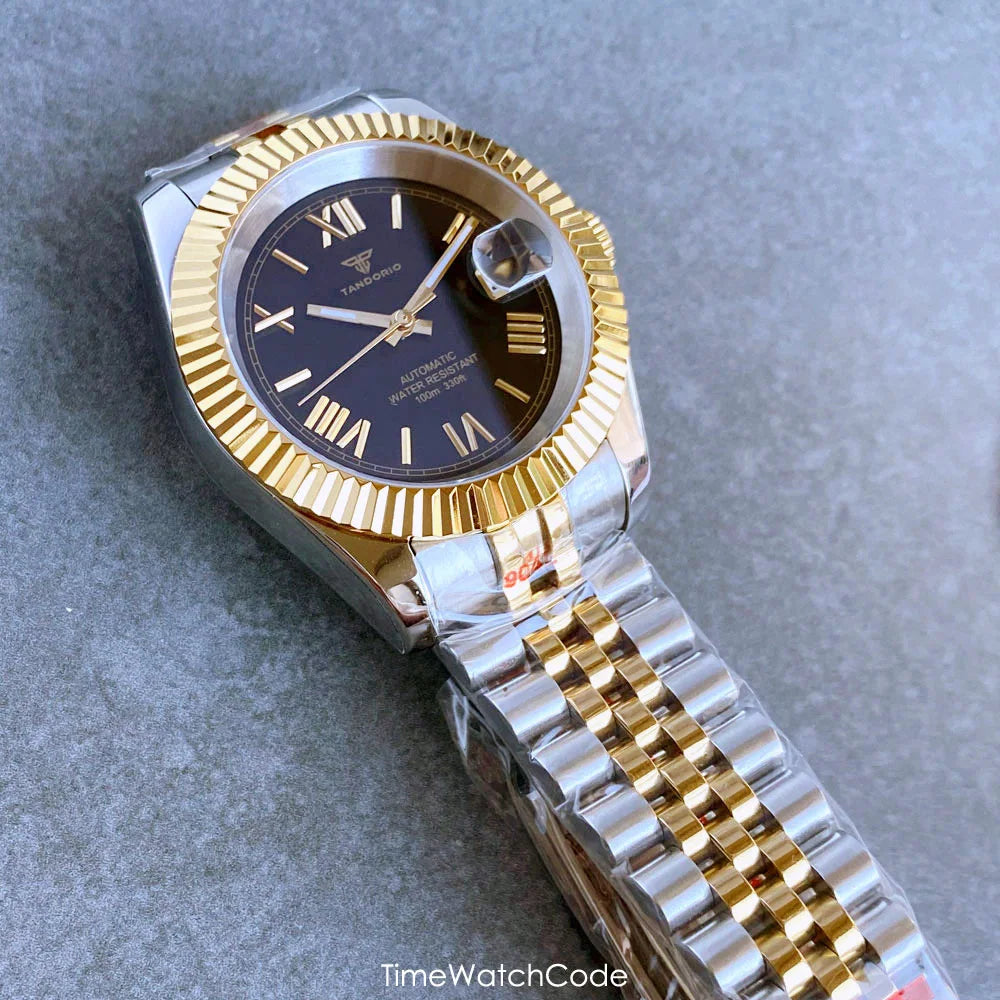 Montre automatique de luxe Tandorio Business pour homme, mouvement NH35A, cadran classique à chiffres romains, lunette cannelée, verre saphir, 36/39 mm