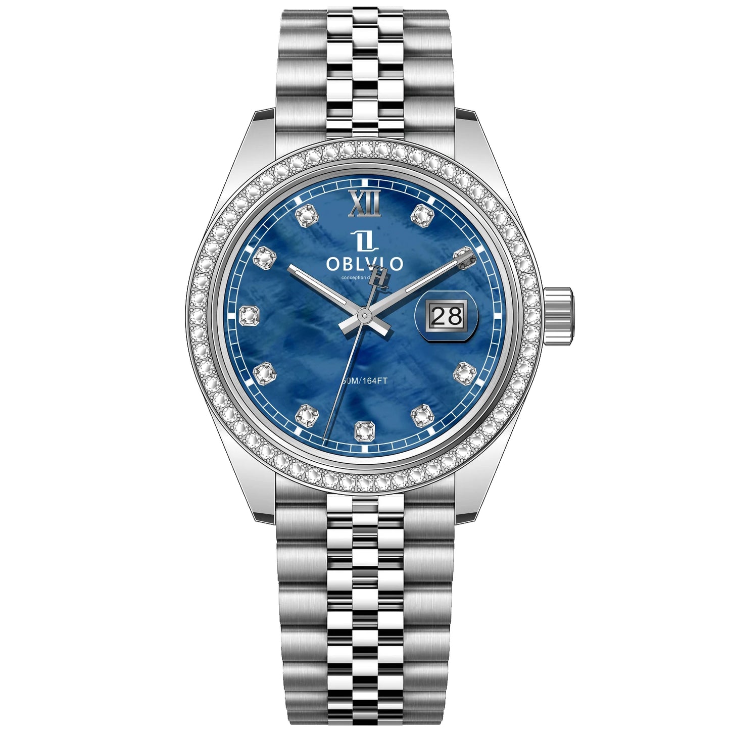 OBLVLO Men's Elegant Diamonds Bezel Two Tone Bracelet Quartz Watch with Date Fashion MOP Dial Business Watches for Men RX-PE-D