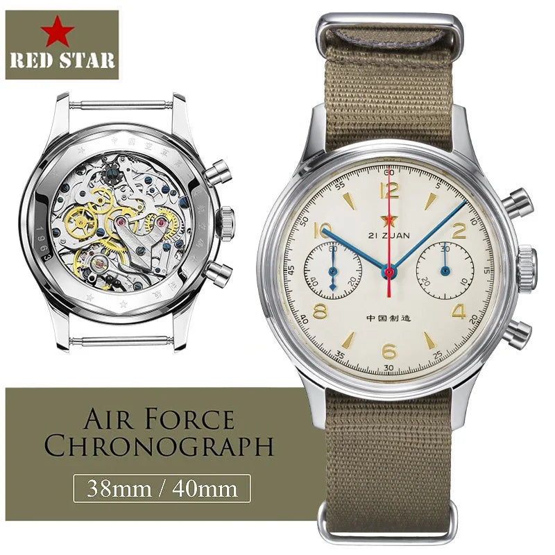 RED-STAR 38mm Men's 1963 Chronograph Mechanical Watch Pilot with Seagull Movement ST1901 Air Force Aviation Sapphire Goose 40mm