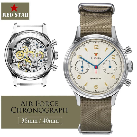 RED-STAR 38mm Men's 1963 Chronograph Mechanical Watch Pilot with Seagull Movement ST1901 Air Force Aviation Sapphire Goose 40mm