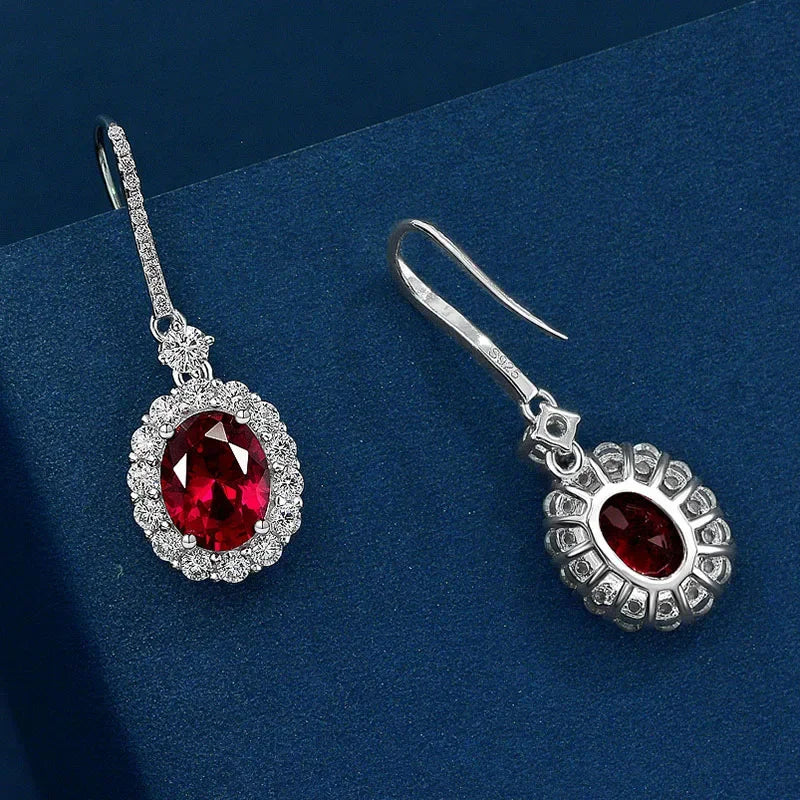 PANSYSEN Vintage 925 Sterling Silver 7x9MM Oval Cut Ruby Sapphire Dangle Drop Earrings for Women Wedding Jewelry Earring Gifts