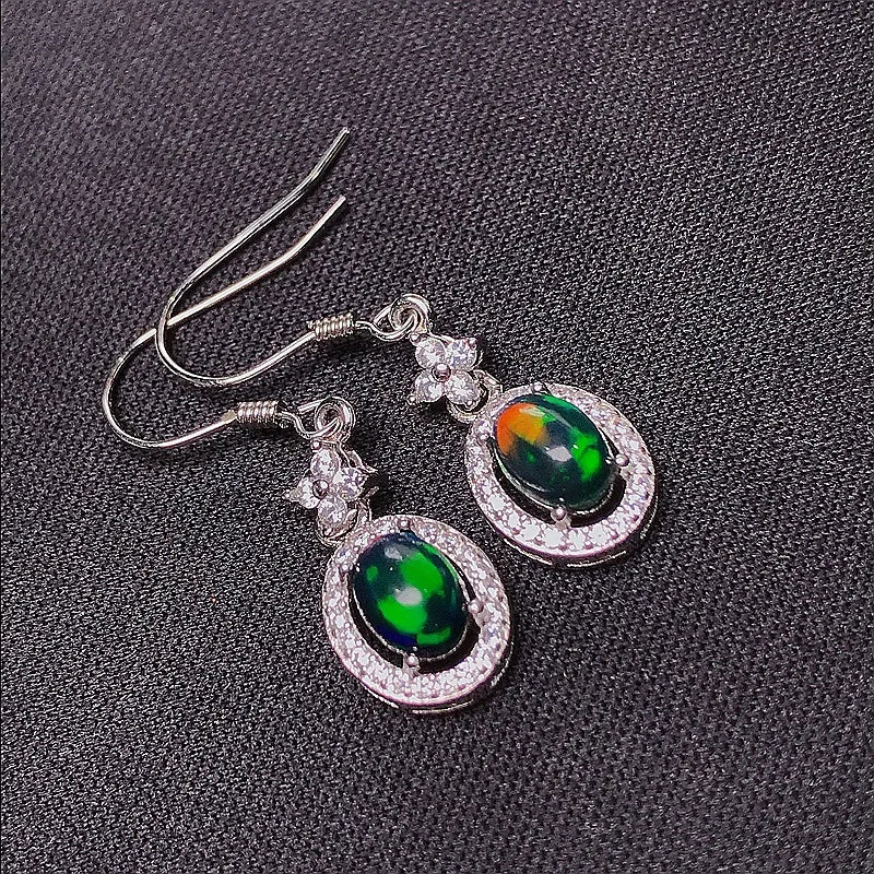 MeiBaPJ 5*7 Natural Black Opal Gemstone England Ear Drop Earrings for Women Real 925 Sterling Silver Charm Fine Wedding Jewelry