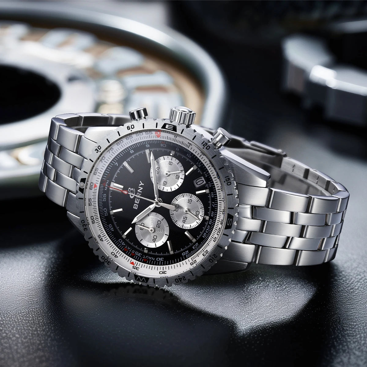 BERNY Chronograph Watches for Men Aviation Pilot Multifunction Quartz Men's Watch Date Sapphire Super Luminous Luxury Wristwatch