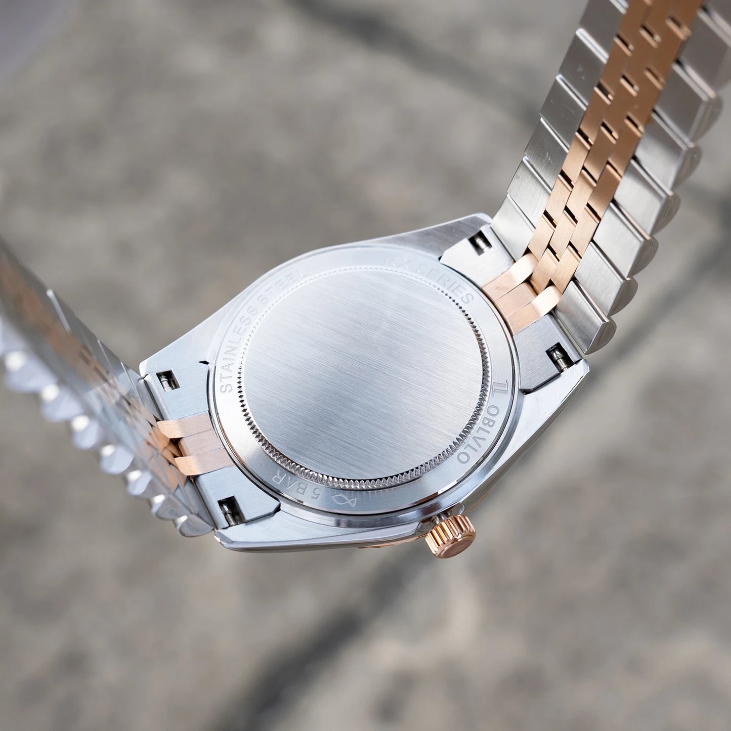 OBLVLO Men's Elegant Diamonds Bezel Two Tone Bracelet Quartz Watch with Date Fashion MOP Dial Business Watches for Men RX-PE-D