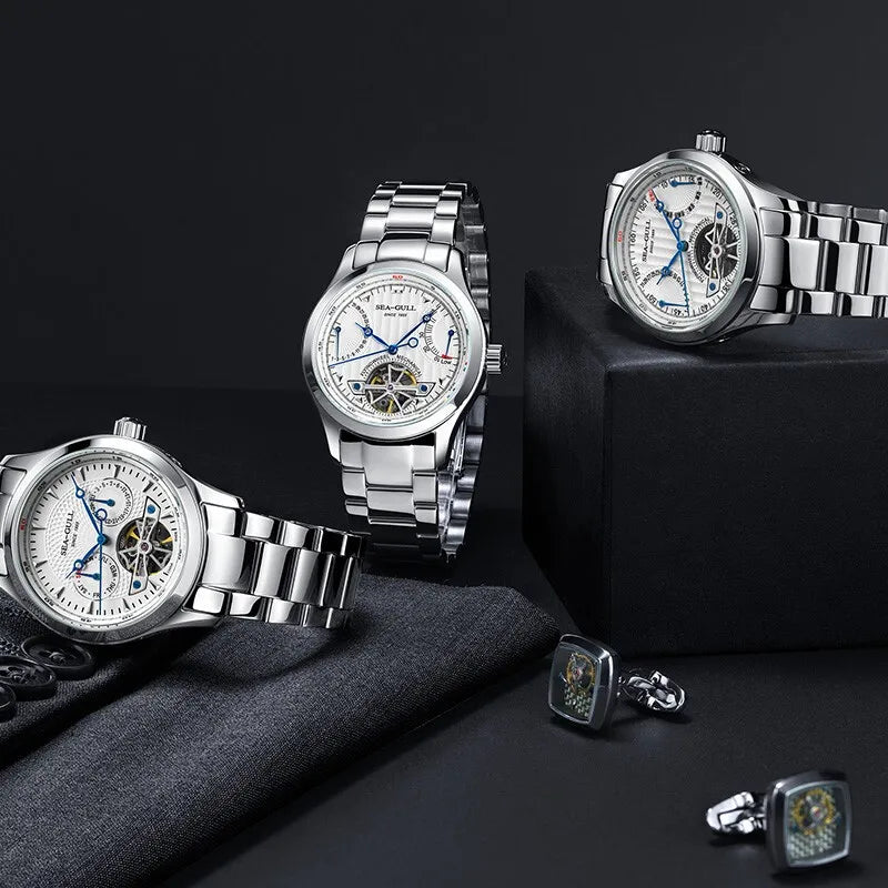 2025 Seagull Men's Automatic Mechanical Watch Multifunction Dial Calendar Sapphire Steel Band Men's Wristwatch reloj hombre M162