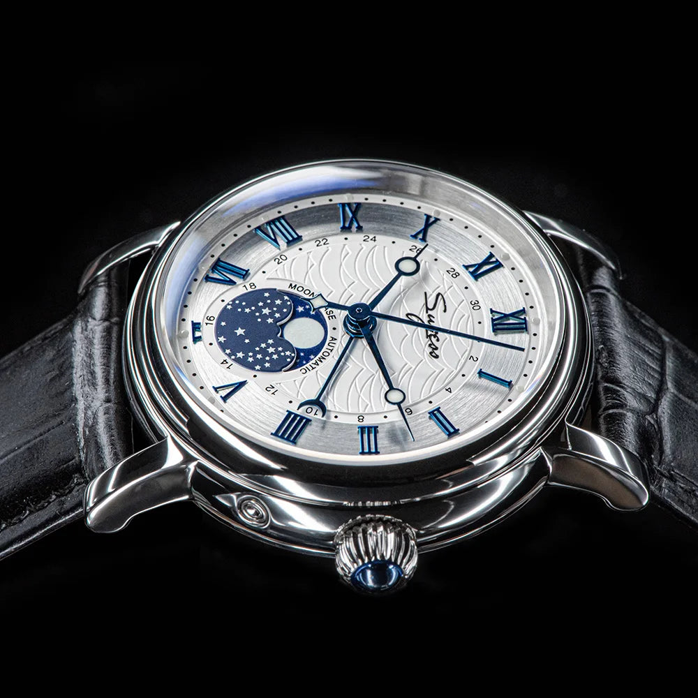Sugess Watches for Men Automatic Mechanical Watch Moonphase Tianjin ST2108 Waterproof Date Hands Sapphire Crystal Rome Wave Dial