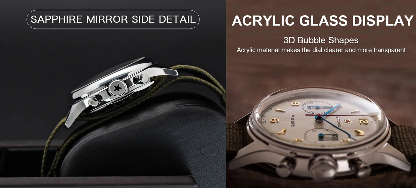 RED-STAR 38mm Men's 1963 Chronograph Mechanical Watch Pilot with Seagull Movement ST1901 Air Force Aviation Sapphire Goose 40mm