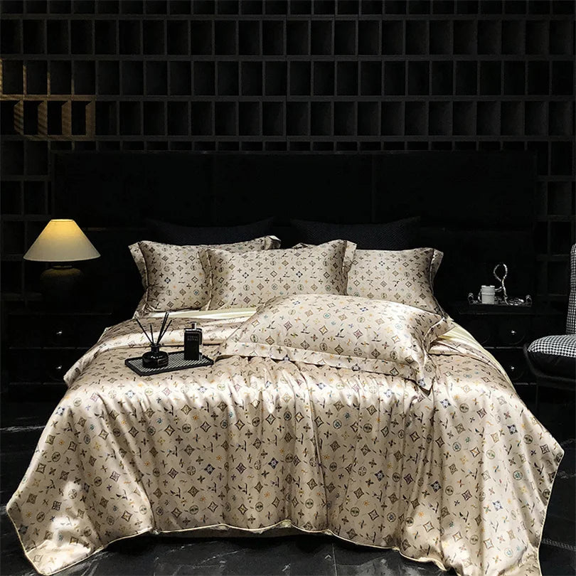 Floral Silk Bedding Set with Duvet Cover Bed Sheet Pillowcase Luxury Couple Single Double King Queen Soft Bedsheet Nordic Smooth