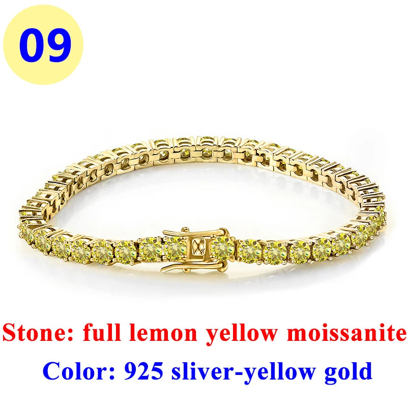 3MM Pink Full Moissanite Tennis HipHop Blue Green Yellow Purple Bracelet S925 Sliver Plated White Gold Bracelet for Women Men