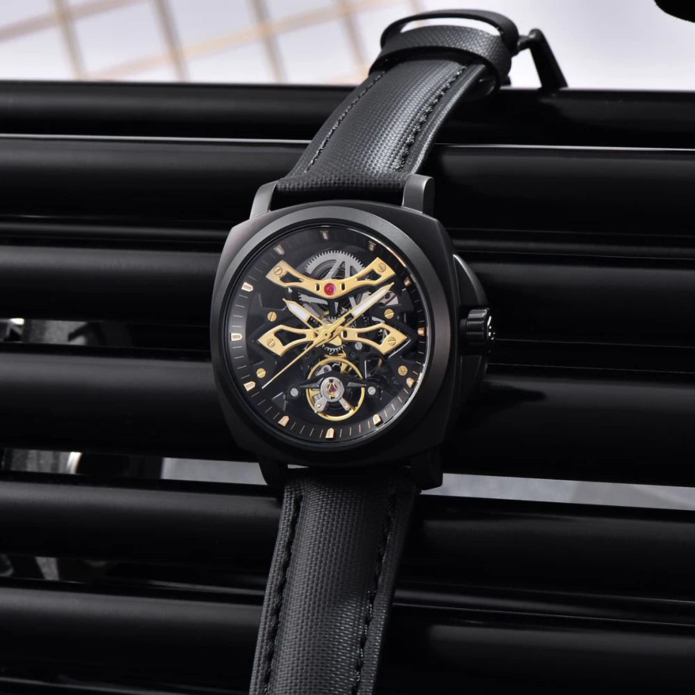 PAGANI DESIGN Herren Sportuhr, mechanische Automatik, quadratisches Design, Leder, wasserdicht, leuchtend, Geschenkidee für Feste, Herrenuhr + Box