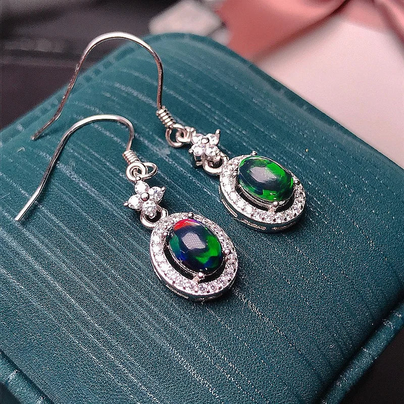 MeiBaPJ 5*7 Natural Black Opal Gemstone England Ear Drop Earrings for Women Real 925 Sterling Silver Charm Fine Wedding Jewelry
