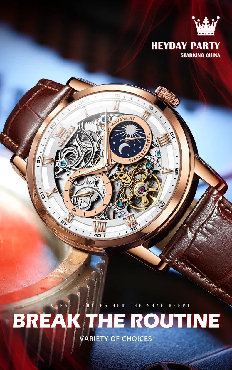 OLEVS 6670 Mechanical Fashion Watch Genuine Leather Watchband Round-dial Moon Phase Month Display