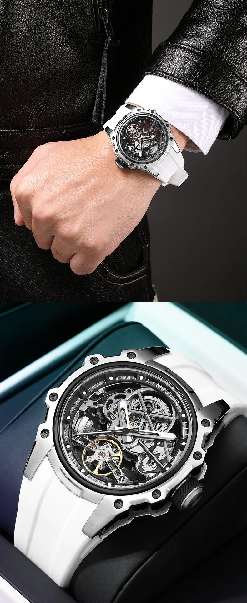 MEGIR Skeleton Dial Automatic Mechanical Watch Men Stainless Steel Case Waterproof Luminous Sport Wristwatch with Silicone Strap