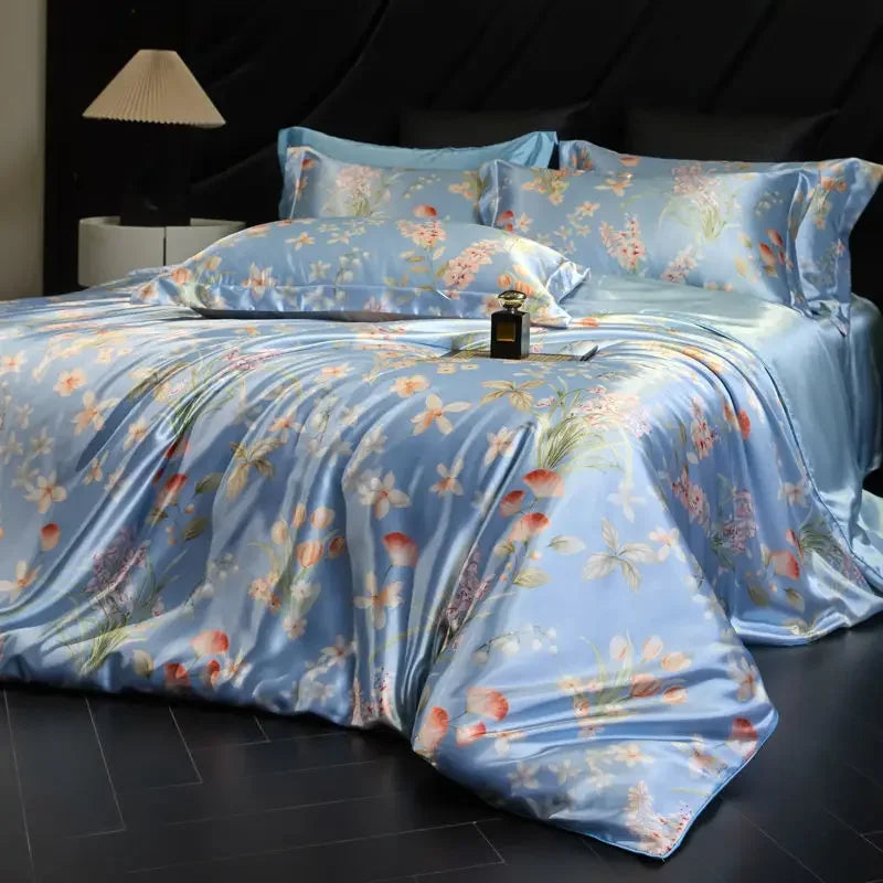 100% Natural Mulberry Silk Fitted Sheet Bedding Sets 3D Printed Satin Cooling Quilt Cover Set for Summer Single Double Bed Kit