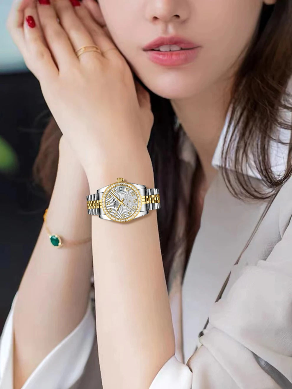 ROLENDO Classic Date Watches for Woman 32mm Sapphire Crystal 30ATM Butterfly Buckle Gold Luxury Diamond-set Automatic Wristwatch