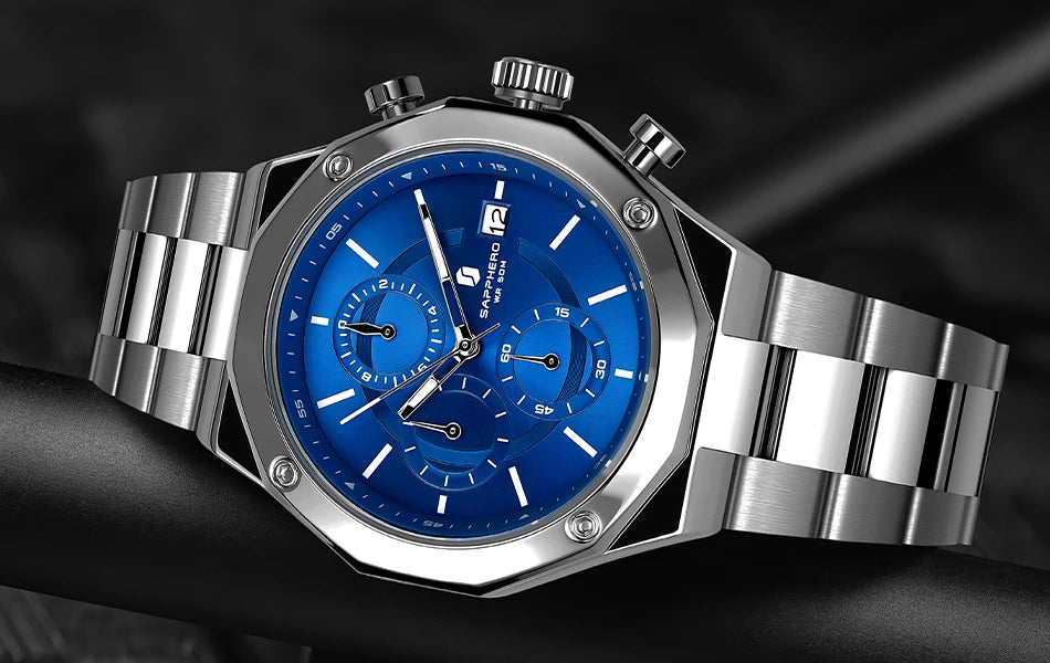 SAPPHERO Rose gold Watch Mens Watch Luxury  Stainless Steel Quartz Watch Business Waterproof Luminous Calendar Wristwatch Gift