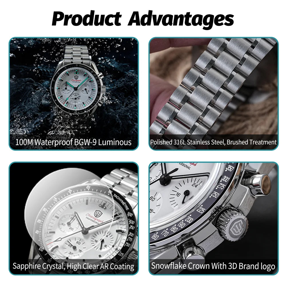 Watchdives New WD1863 Watch VK63 Chronograph Movement Aluminum Bezel BGW9 Luminous Bubble Sapphire Crystal 39mm Vintage Watches