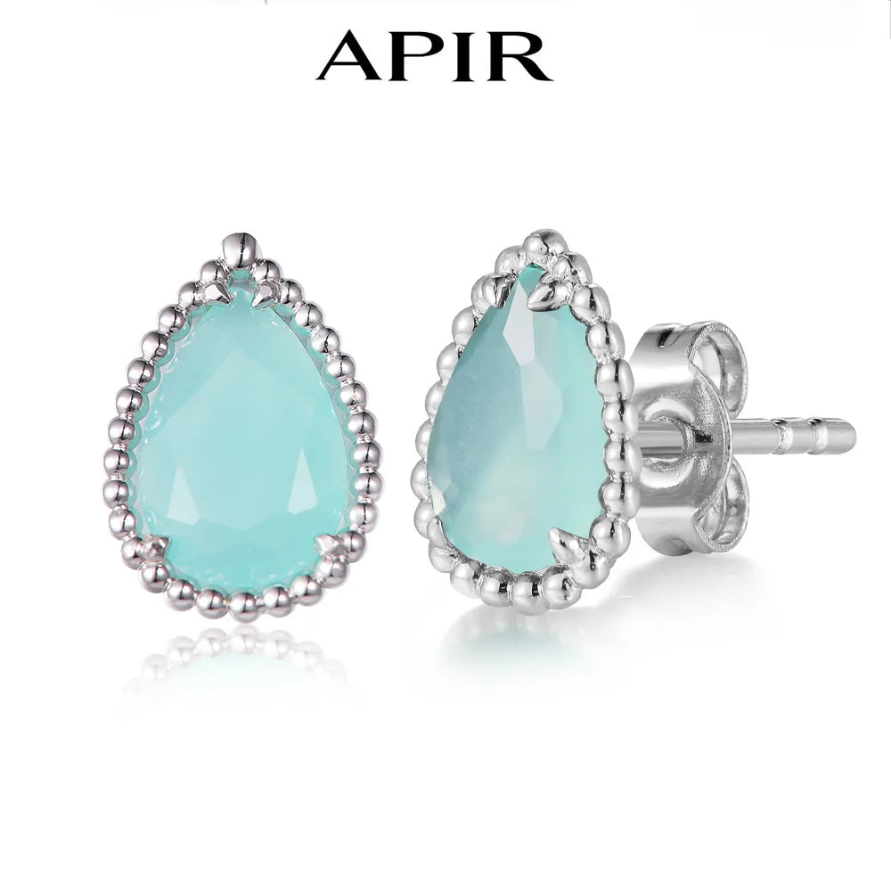 APIR Bohemian Blue Green Chalcedony Water Drop Woman's Earrings 18K White Gold Plated   Dance Party Wedding Luxury Long earrings