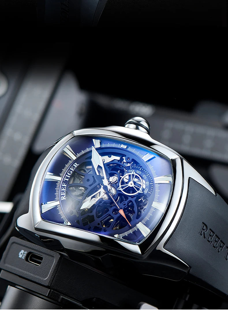Reef Tiger Men's 316L Stainless Steel Skeleton Automatic Watch Wine Barrel Hollow Waterproof Mechanical Sport Watches RGA3069-S