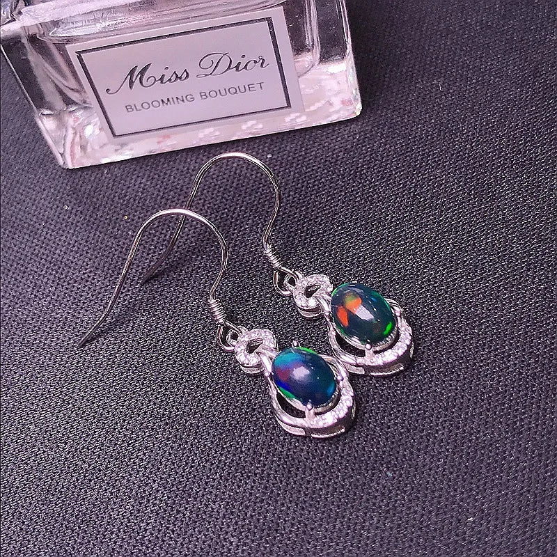 MeiBaPJ 5*7 Natural Black Opal Gemstone England Ear Drop Earrings for Women Real 925 Sterling Silver Charm Fine Wedding Jewelry
