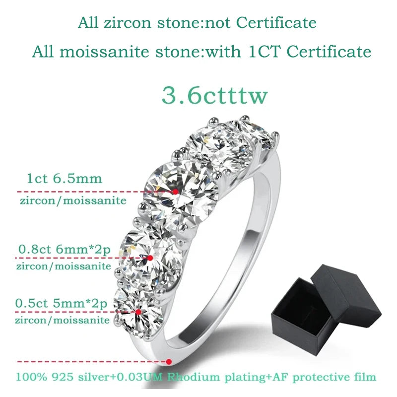 Smyoue 18k Plated 3.6CT All Moissanite Rings for Women 5 Stones Sparkling Diamond Wedding Band 100% S925 Sterling Silver Jewelry