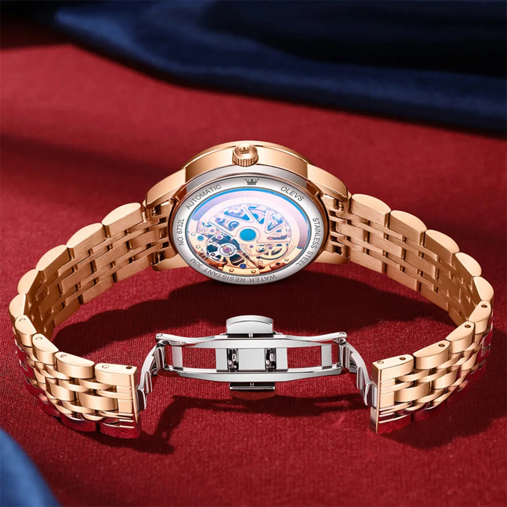 OLEVS Original Rhinestone Flower Design Watch Women's Luxury Rose Gold Watch Wine Red Automatic Mechanical Watch Birthday Gift