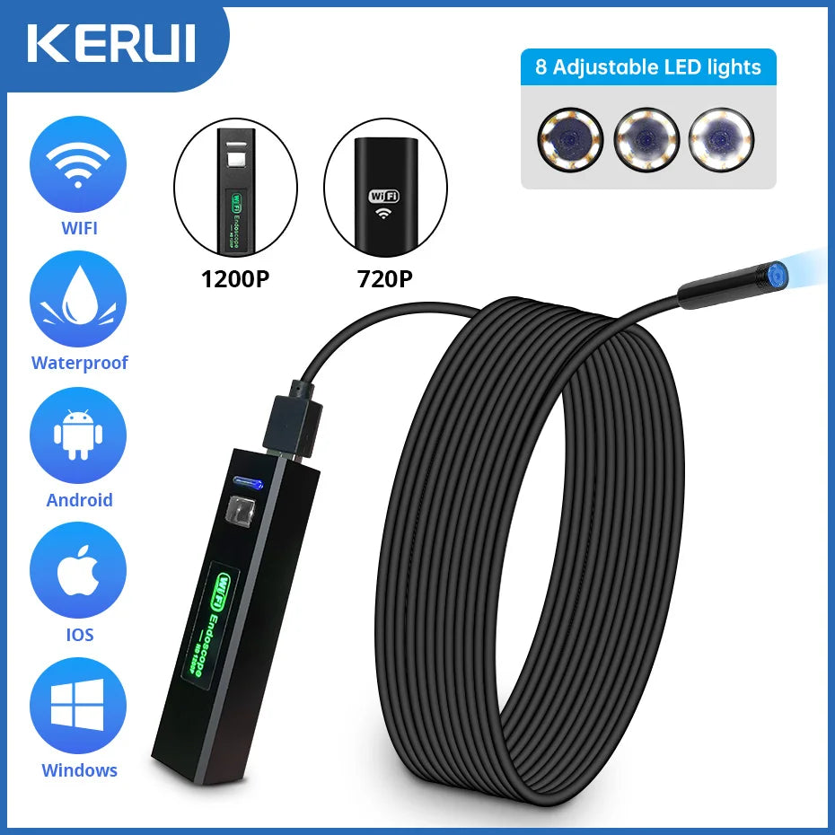 KERUI 1200P/720P WLAN Endoskop Wasserdichte Inspektions-Schlangenkamera USB Boreskop für Autos für iPhone & Android Smartphone