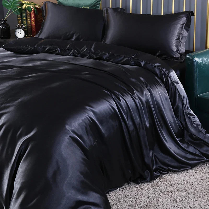 Silk Bedding Set with Duvet Cover Fitted/Flat Bed Sheet Pillowcase Luxury Satin Bedsheet Solid Color King Queen Twin Size