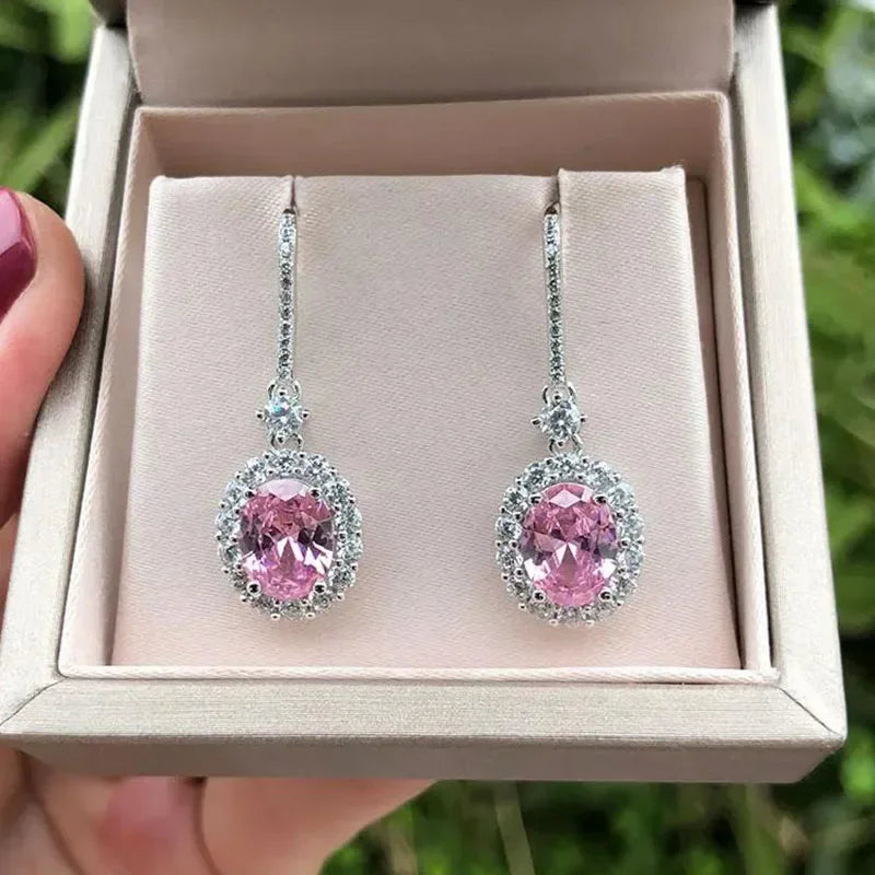 PANSYSEN Vintage 925 Sterling Silver 7x9MM Oval Cut Ruby Sapphire Dangle Drop Earrings for Women Wedding Jewelry Earring Gifts