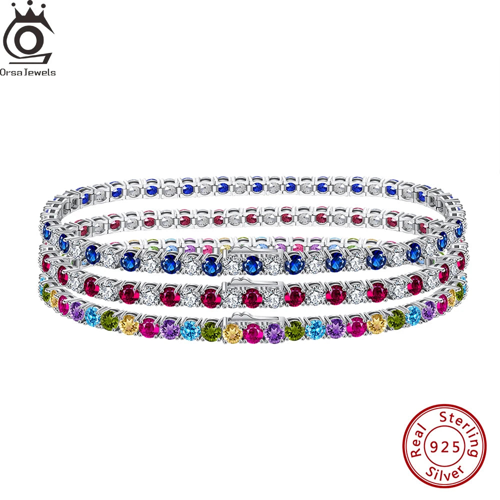 ORSA JEWELS Exquisite 3mm Sapphire Blue Sparkling Tennis Bracelet S925 Sterling Silver Cubic Zirconia Fashion CZ Bracelet SB137
