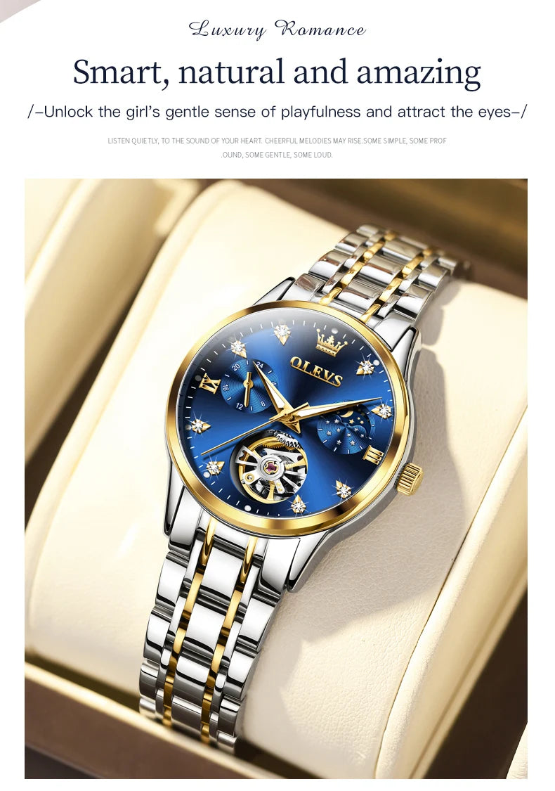 Montre femme OLEVS 6608, automatique, mécanique, étanche, en acier inoxydable, avec calendrier squelette.