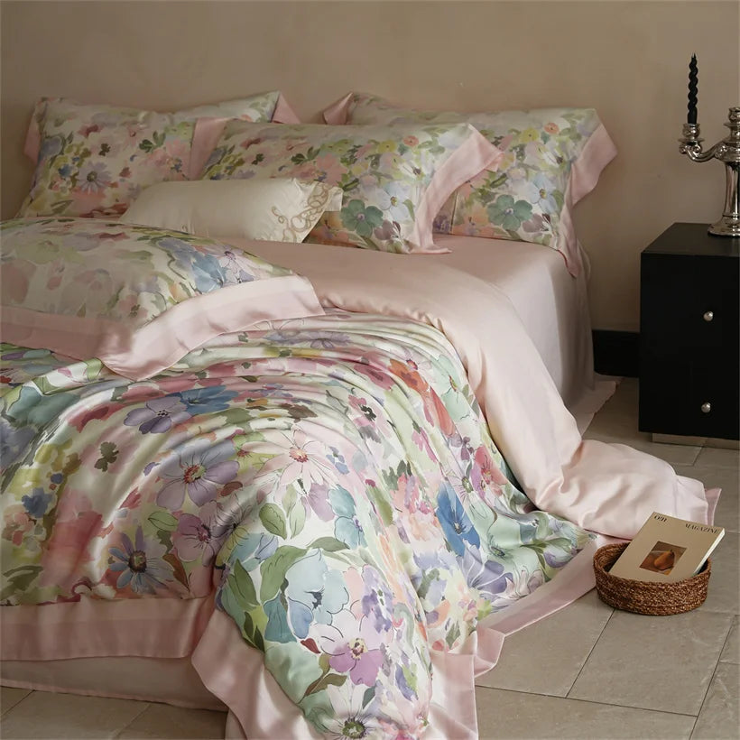 Luxury 22mm Mulberry Silk Bedding Set Romantic Floral Duvet Cover Pillowcases Bed Sheet Set Luxury Bed Linen King Queen Size
