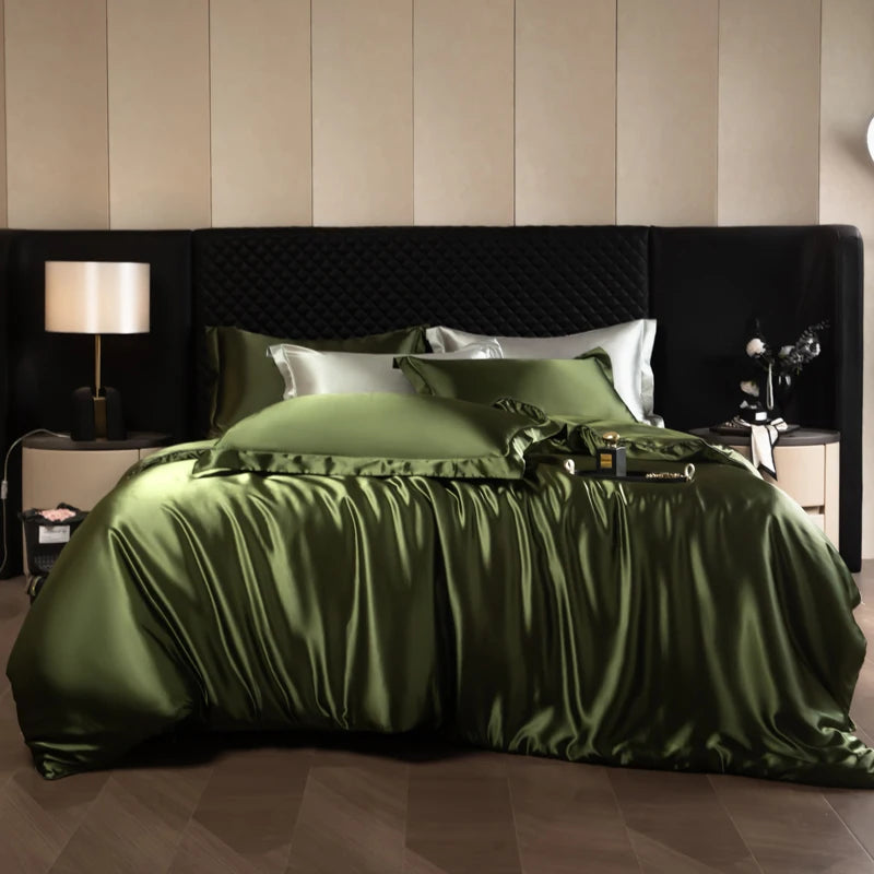 Silk Bed Sheets Set Luxury Bedding Set with Duvet Cover Fitted/Flat Bedheet Pillowcases Mixed with Rayon King Queen Full Twin