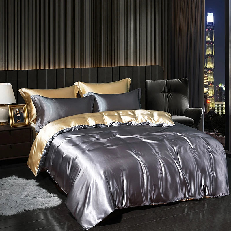 Luxury Satin  Bedding Set With Flat Sheet Duvet Cover High End Bedding Set  High Density Satin  Solid Color Bedding