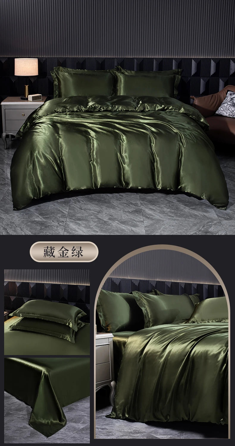 Solid Silk Bedding Set with Duvet Cover Bed Sheet Pillowcases Luxury Satin Single Double Bedsheet King Queen Twin Size