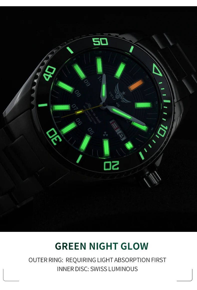 YELANG Automatic Mens Green Water Ghost Watches H3 T100 Self Luminous Wristwatch Waterproof 300m Turning Ceramic Bezel V1032