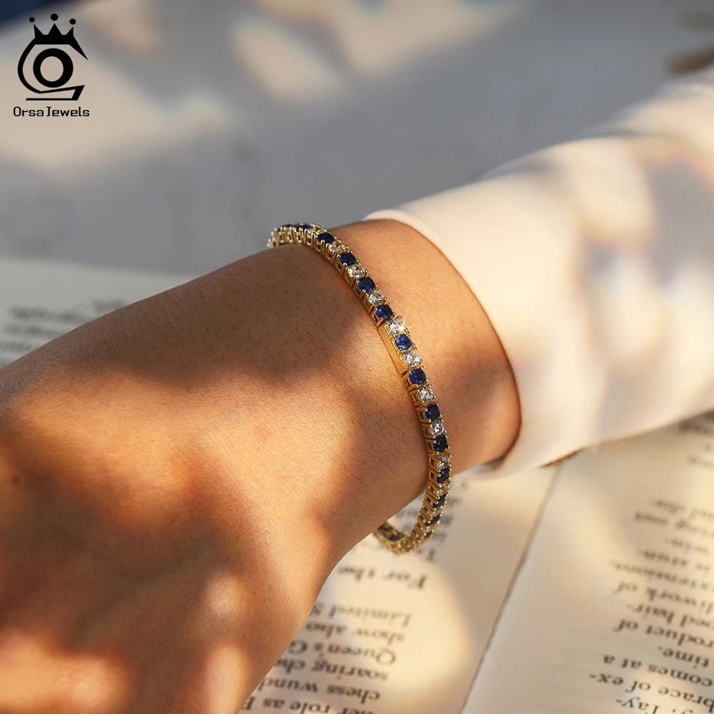 ORSA JEWELS Exquisite 3mm Sapphire Blue Sparkling Tennis Bracelet S925 Sterling Silver Cubic Zirconia Fashion CZ Bracelet SB137